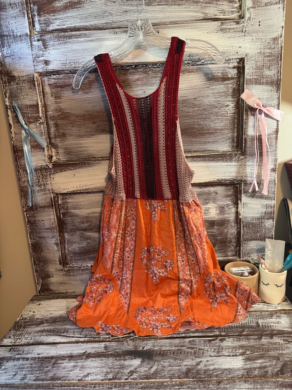 Free People Burgundy Crochet Bodice Orange Floral Dress